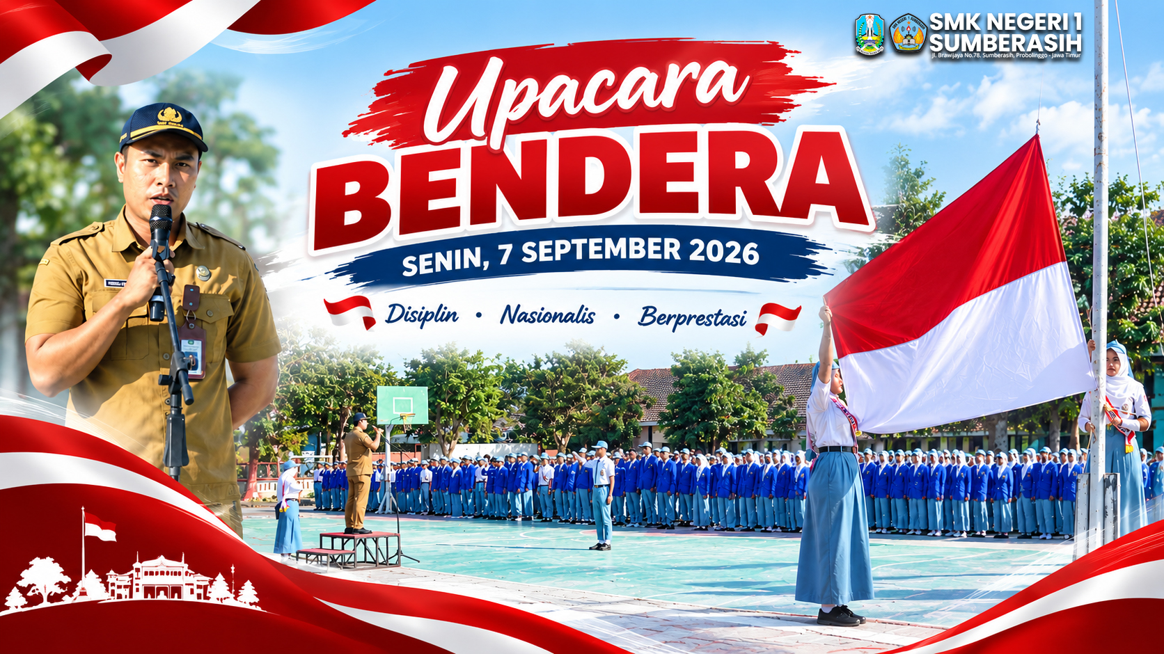 SMKN 1 SUMBERASIH GELAR UPACARA BENDERA HARI SENIN, TEKANKAN PENTINGNYA KERAPIAN DAN KEDISIPLINAN SISWA